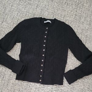 Zara Black Textured  Heavy Cardigan with Rhinestone Buttons Detail S